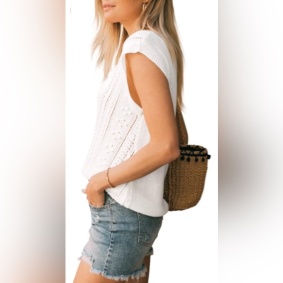 Langwyqu White Crochet Knit Cap Sleeve Top Lightweight Summer Sweater Large New - Picture 4 of 7